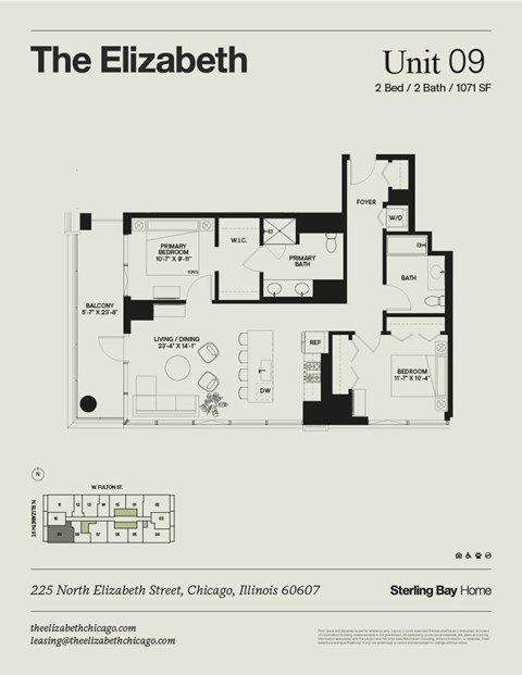 Floor plan for 2 beds, 2 baths, 1071 sqft